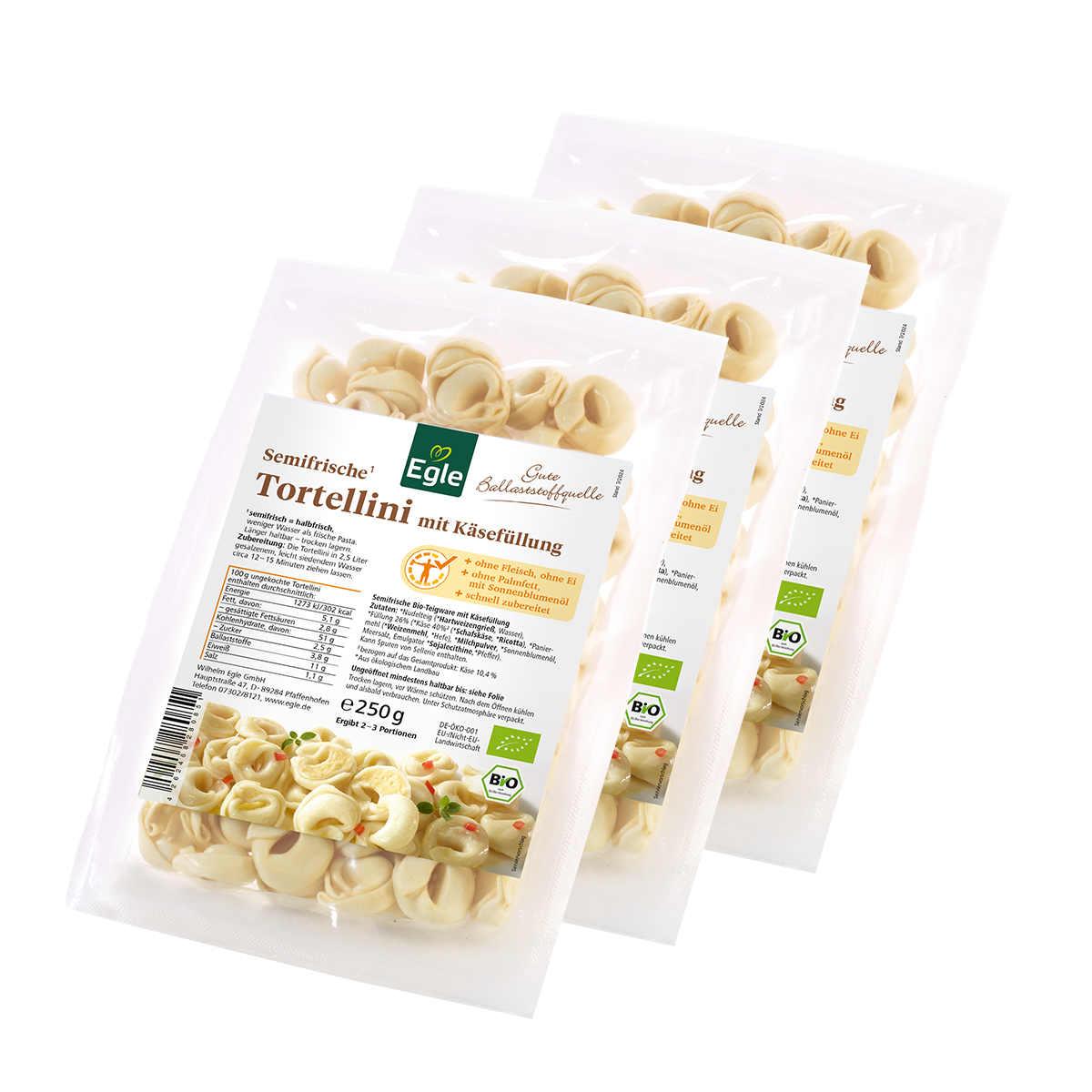 BIO Tortellini mit Käsefüllung, 3 x 250 g