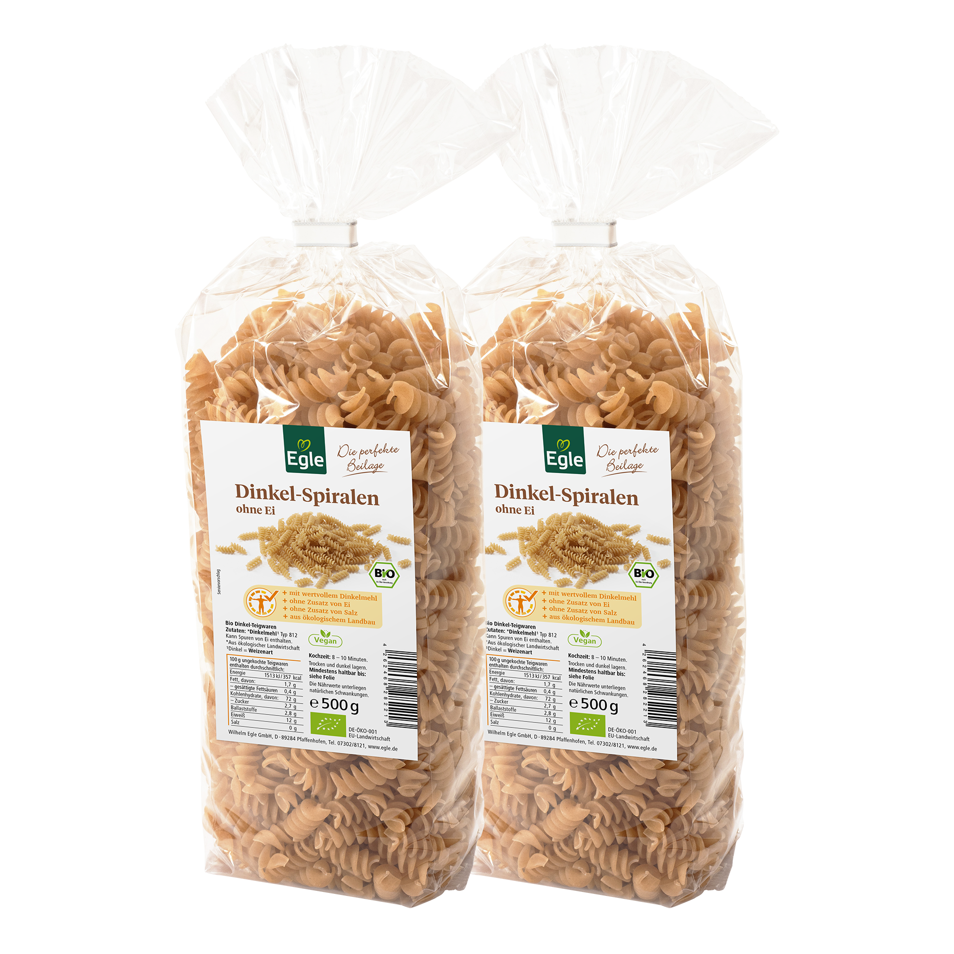 Bio Dinkel Spiralnudeln, 2 x 500 g