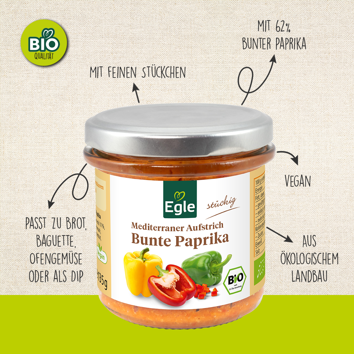 BIO Mediterraner Aufstrich Bunte Paprika, 2 x 135 g