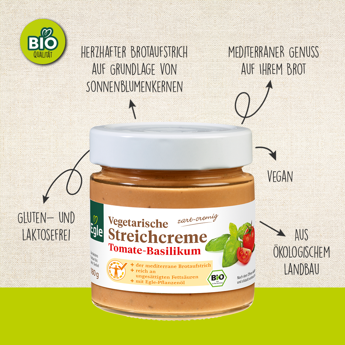 BIO Vegetarische Streichcreme Tomate-Basilikum, 180 g