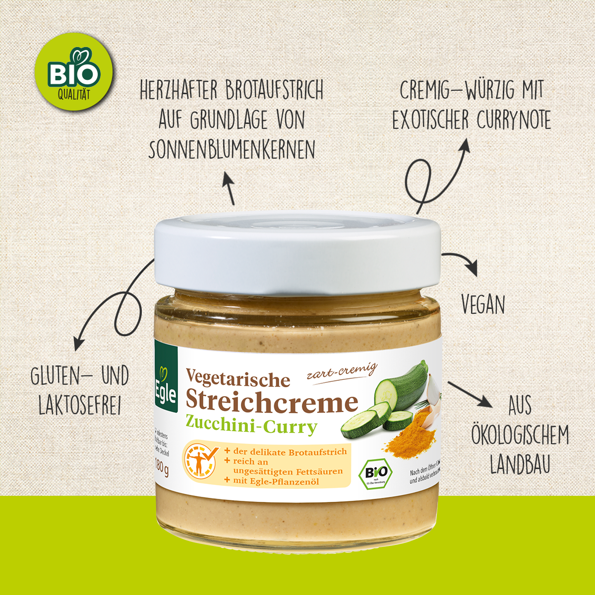 BIO Vegetarische Streichcreme Zucchini-Curry, 2 x 180 g