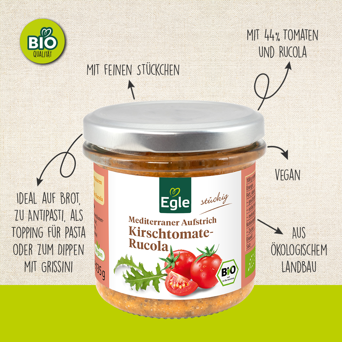 BIO Mediterraner Aufstrich Kirschtomate-Rucola, 2 x 135 g