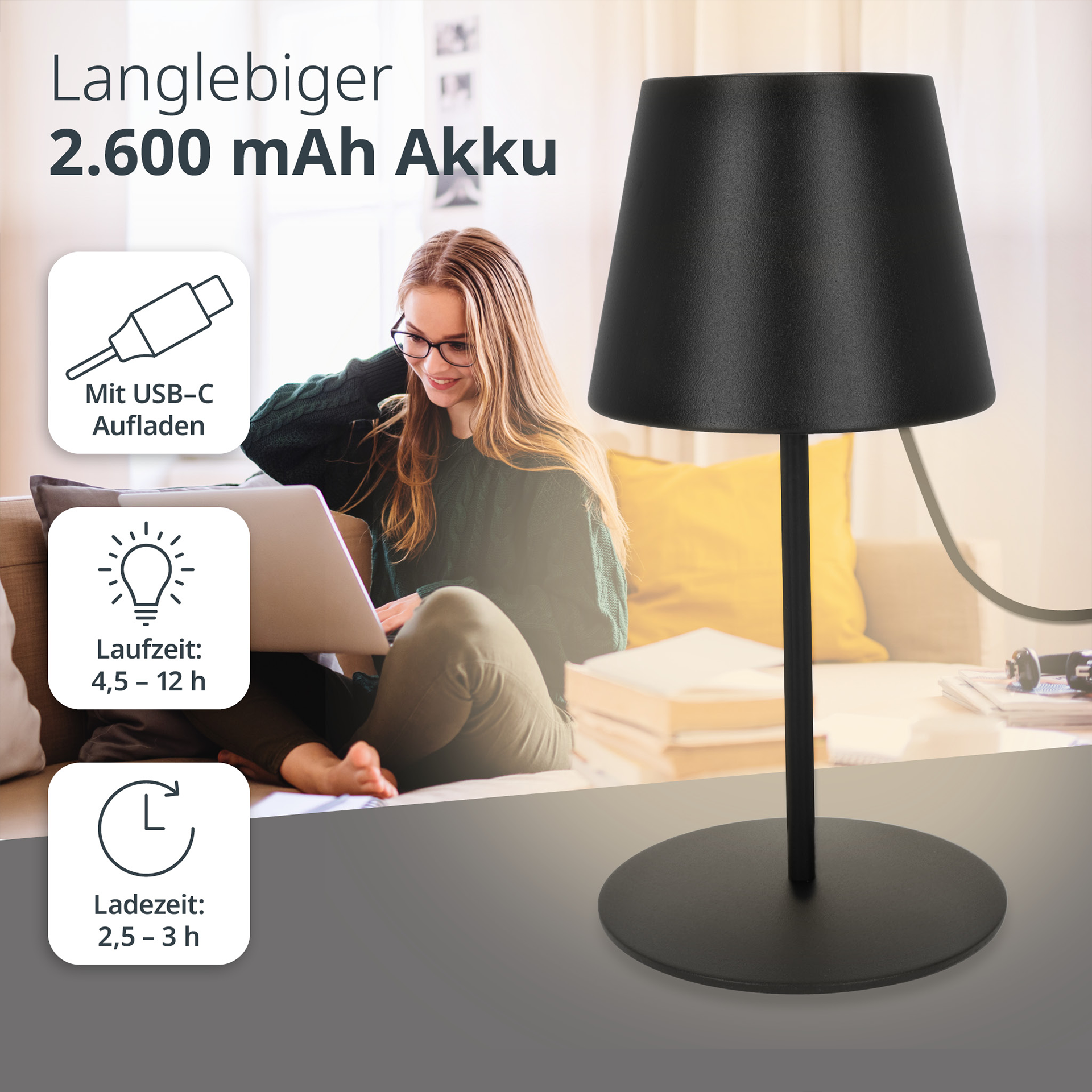 LED-Akku-Tischleuchte mit USB-Ladekabel