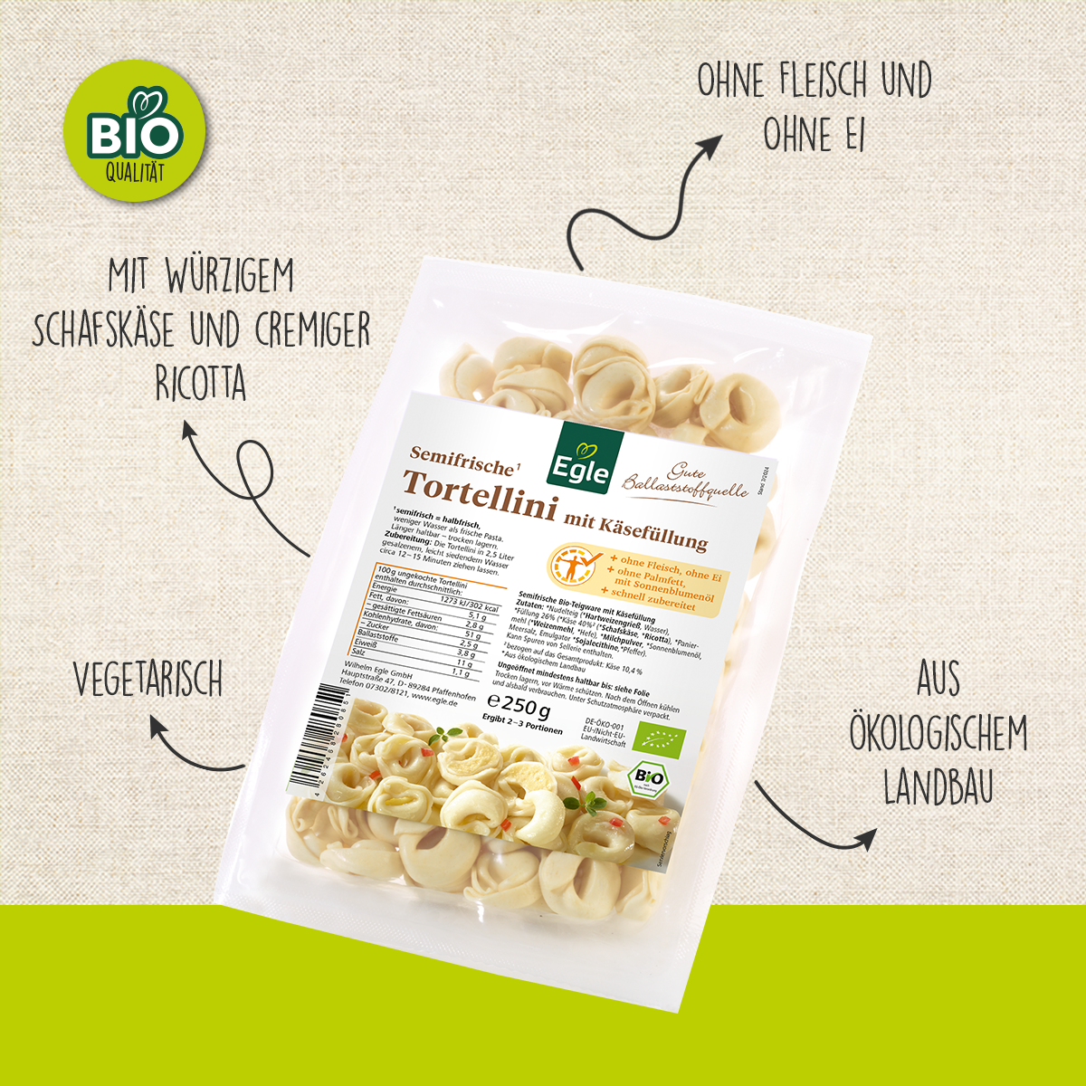 BIO Tortellini mit Käsefüllung, 3 x 250 g