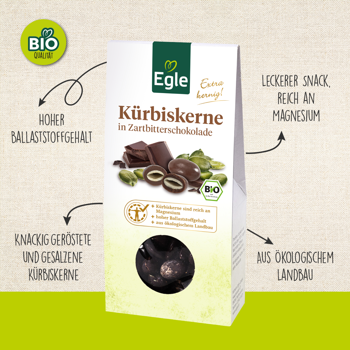 BIO Kürbiskerne in Zartbitterschokolade, 2 x 90 g