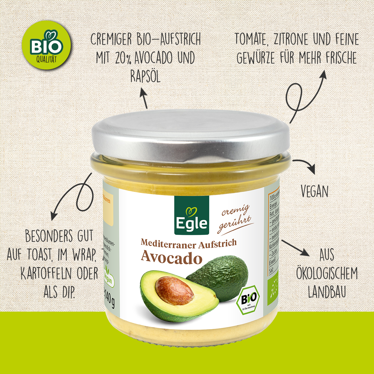 BIO Mediterraner Aufstrich Avocado, 2 x 140 g