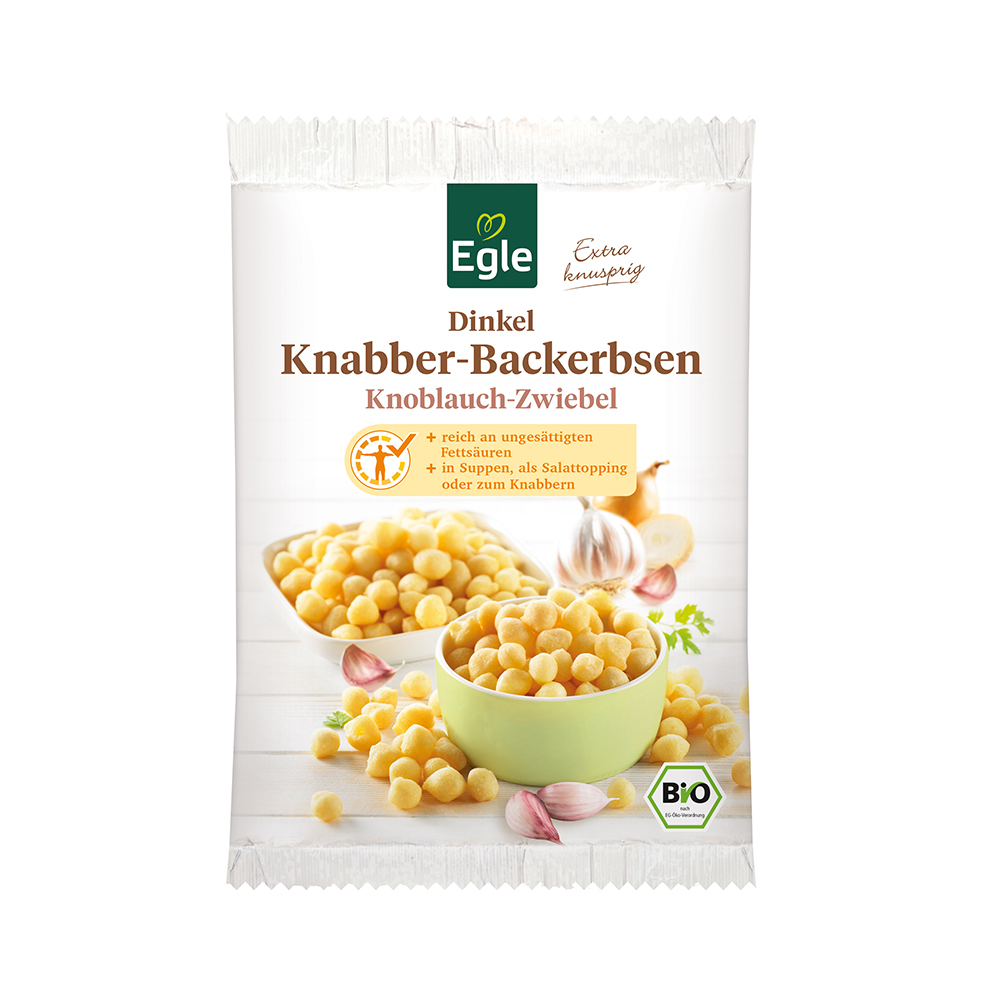 BIO Dinkel-Knabber-Backerbsen Knoblauch-Zwiebel, 100 g